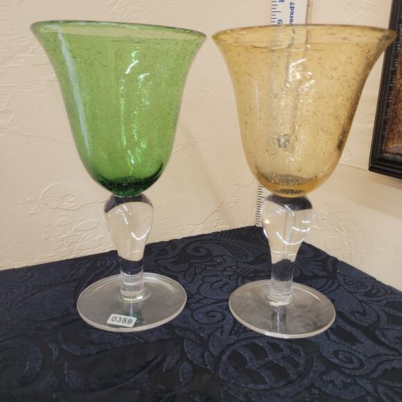 Two - Hand Blown Bubble Wine; Water Goblets. 1 Yellow; 1Green; 8" Tall - Picture 2 of 5